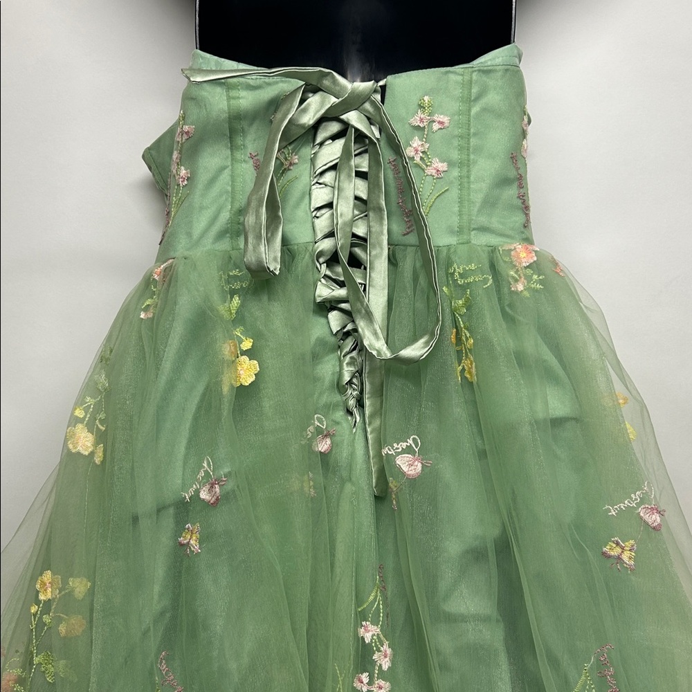 Green Strapless Floral Dress fairy cottage core 16W corset top flower embroidery - Picture 7 of 10